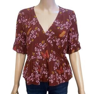 Madewell Floral Butterfly Wrap Top Size 0 Peplum Cottagecore Short Sleeve Casual